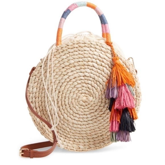 Nordstrom Joni Circular Raffia Straw Woven Bag Beach Boho Summer Tassel - Picture 2 of 15